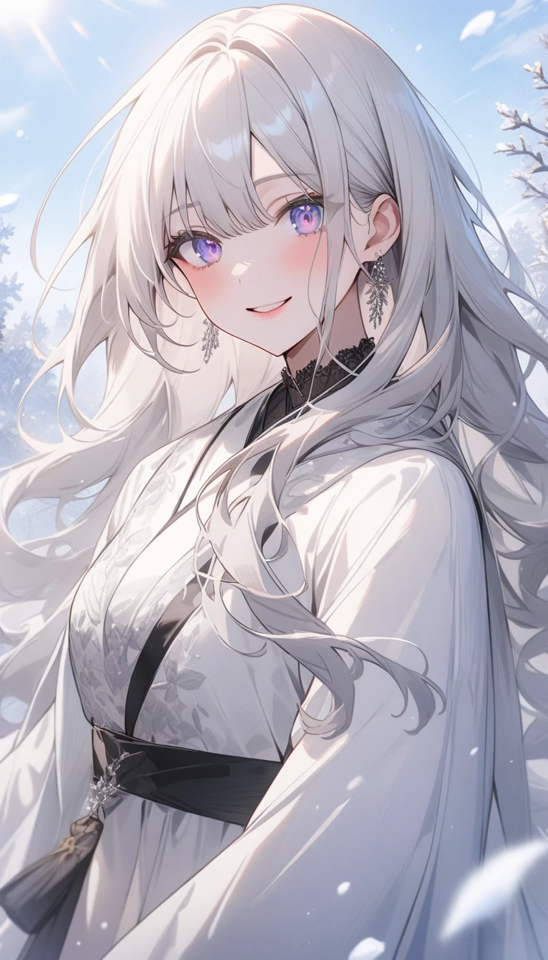 (highest quality、masterpiece、High resolution、detailed), BREAK,(Shining eyes、detailed美しい顔), beautiful anime、no text、great work, daytime, outdoor, falling flowers, white dress, 1 girl, perfect woman, Silver and white long-haired woman, gray blue eyes, pale pink lips, cold, Severe, bang, purple eyes, white clothes, black clothing line, delicate face, exquisite face, standing bow, tassel, happiness knot, smile、dynamic angle