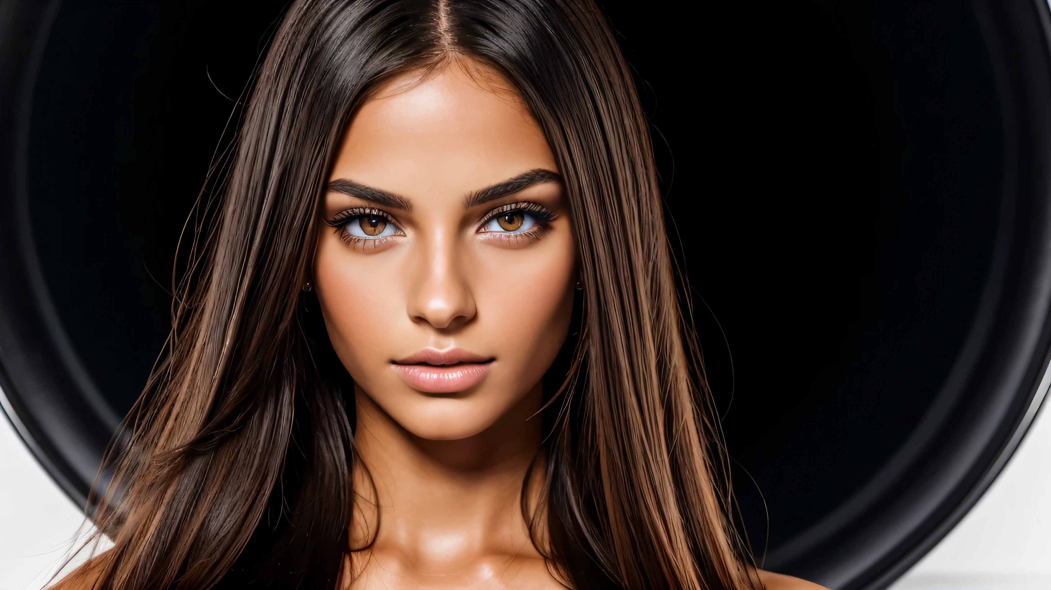 European woman, Photorealistic, high quality, Beautiful face. Straight and wide hair, ultra contrast, tanned skin, the most beautiful girl, Red eyes, smoky black eyeshadow, whole body, extremely realistic. Looks straight. Photo taken in the studio
