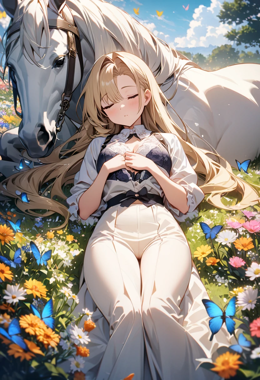 High resolution, high quality, high definition image, 8k1 girl solo.eclair Seaetto.Beautiful Anime Babe. wide field,one big tree, Lying down and sleeping with a white horse, lots of butterflies、flower garden,A little bit of the bra is visible,