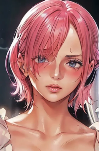 (((masterpiece))), (((best quality))), ((ultra-detailed)), (highly detailed CG illustration), vinsmoke reiju, (nsfw:1.4), (masterpiece:1.5), Detailed Photo, Sexy, (Best Quality: 1.4), (1girl), Beautiful Face, (Pink Hair, short Hair: 1.3), Beautiful Hairstyle, beautiful detail eyes, (realistic skin), beautiful skin, absurd, attractive, ultra high resolution, high definition, (sexually aroused:1.5), Pinkish white skin, cool white light, sexy pose, Beautiful , white background, pink soft white light, Wear a white dress, (Hair covering right eye: 1.5), wife, incoming face, kissing camera