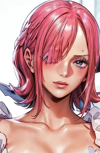 (((masterpiece))), (((best quality))), ((ultra-detailed)), (highly detailed CG illustration), vinsmoke reiju, (nsfw:1.4), (masterpiece:1.5), Detailed Photo, Sexy, (Best Quality: 1.4), (1girl), Beautiful Face, (Pink Hair, short Hair: 1.3), Beautiful Hairstyle, beautiful detail eyes, (realistic skin), beautiful skin, absurd, attractive, ultra high resolution, high definition, (sexually aroused:1.5), Pinkish white skin, cool white light, sexy pose, Beautiful , white background, pink soft white light, Wear a white dress, (Hair covering right eye: 1.5), wife, incoming face, kissing camera