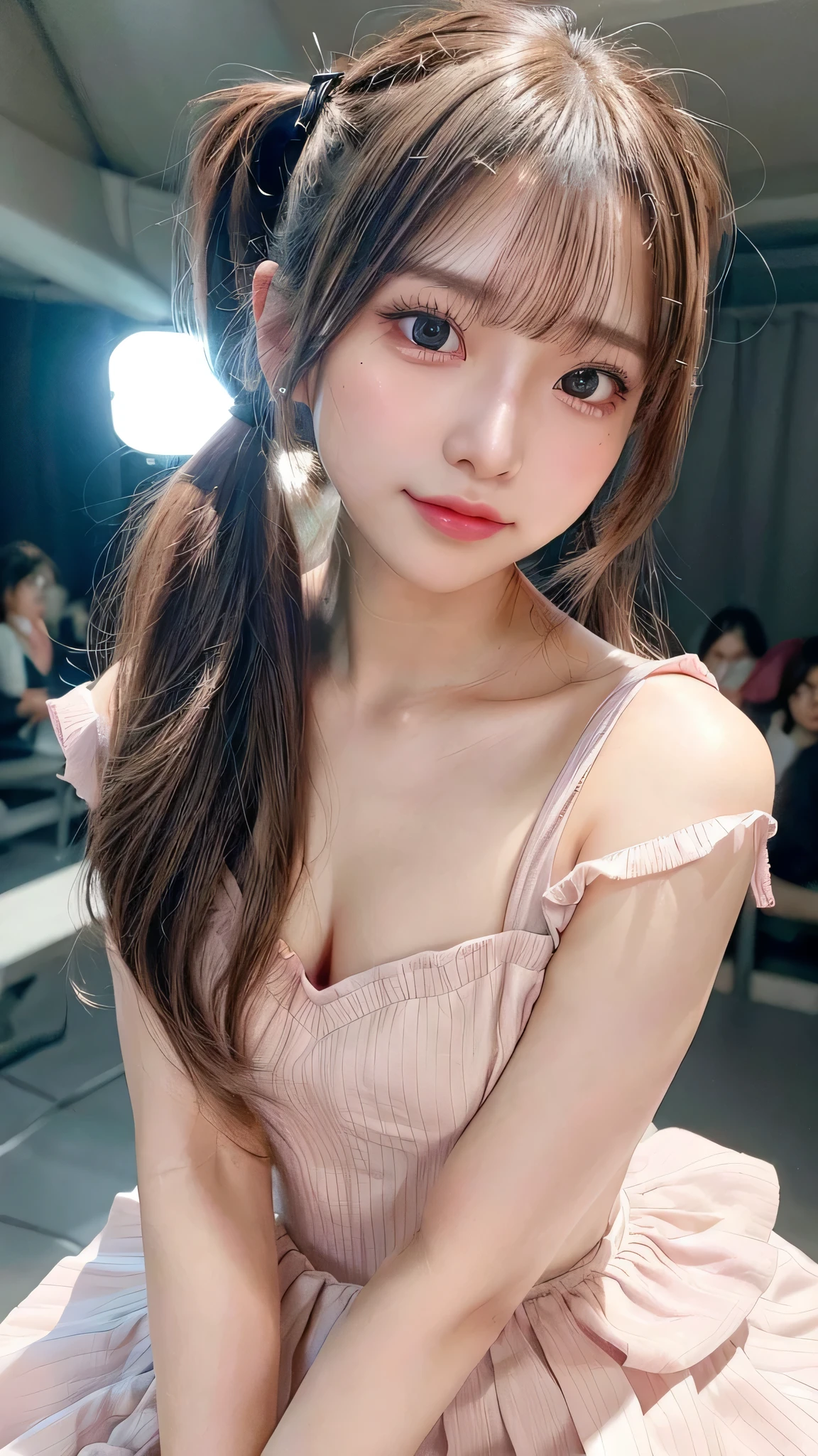 close up of face,blush,face forward,close up of face,small breasts,,long hair ponytail,concert,on stage,((8K, Raw photo, best quality, muste piece:1.2), (Reality, photorealistic:1.4), (Highly detailed 8K wallpaper), Depth of the bounds written, cinematic lighting, soft light, detailed beauty eye,Shiny and smooth light brown ponytail, asymmetrical bangs, shiny skin, super detailed skin ,high resolution, high detail, detailed hairstyle, detailed beauty face, hyper real, perfect limbs, perfect anatomy ,1 Japanese girl,famous japanese idol, perfect female body,shy smile,short eyelashes,double-edged eyelids,look straight here,Hair style is ponytail、She is wearing a skirt with lots of frills,pose is random,Pink frilly dress
