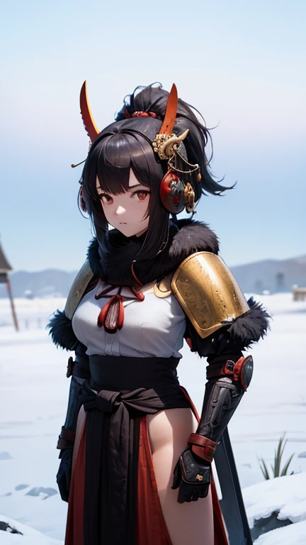 girl in samurai armor with fur around the neck and waist, oni helmet, adornos de detalles polvorientos, campo de batalla, guerrera, Armadura, cicatrices