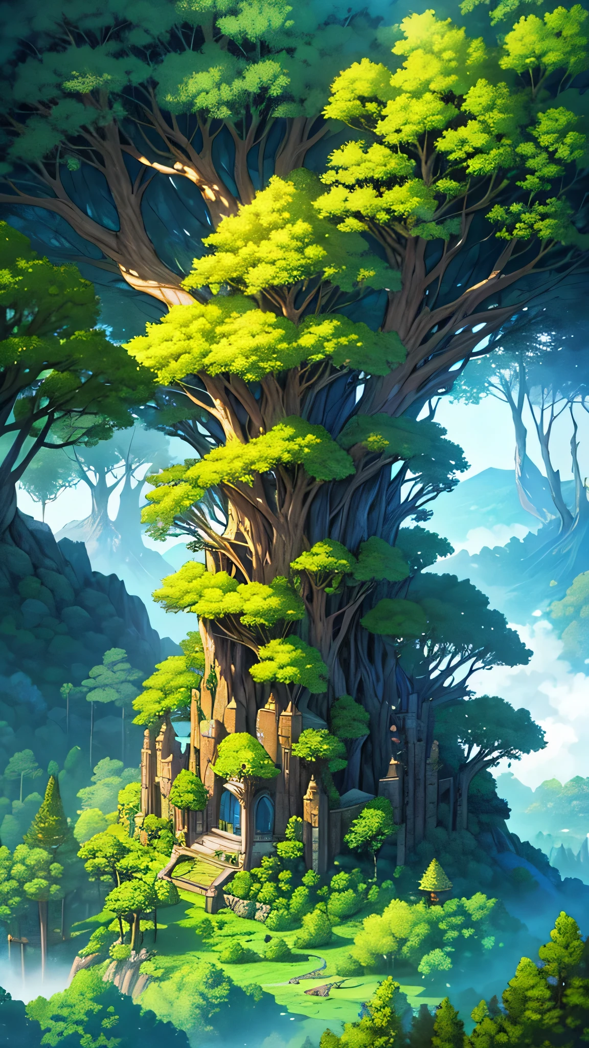 Ancient RPG fantasy forest landscape with towering, centuries-old trees, lush greenery, bird's eye view, mystical atmosphere, immersive detail, high resolution, aerial perspective