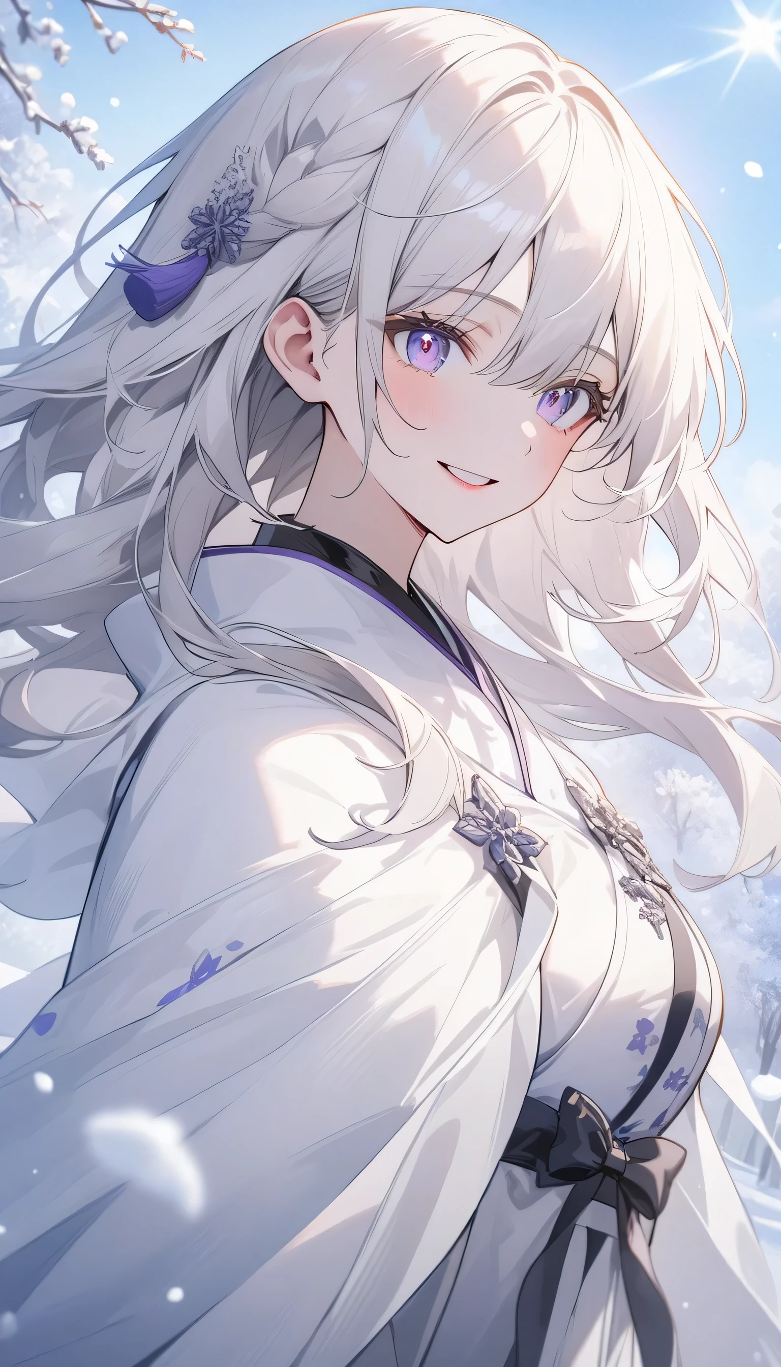 (highest quality、masterpiece、High resolution、detailed), BREAK,(Shining eyes、detailed beautiful face), beautiful anime、no text、great work, daytime, outdoor, falling flowers, white dress, 1 girl, perfect woman, Silver and white long-haired woman, gray blue eyes, pale pink lips, cold, Severe, bang, purple eyes, white clothes, black clothing line, delicate face, exquisite face, standing bow, tassel, happiness knot, smile、dynamic angle