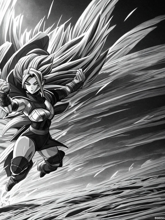 Charcoal Pencil Drawing, Realistic Drawing, Black and White Drawing, 4K, Best Quality, Super Saiyan Kefla releases a colossal energy wave that shatters the ground and creates a huge shockwave. He is on rocky terrain with a stormy sky in the background. The energy wave is a mix of pink and yellow tones with a spiral pattern. (dark:1.2), (epic:1.3), (chaotic composition:1.2), (metallic:1.1), (sandy texture:1.1), (comic:1.2), (((3D))), (( (realistic))), girl, big