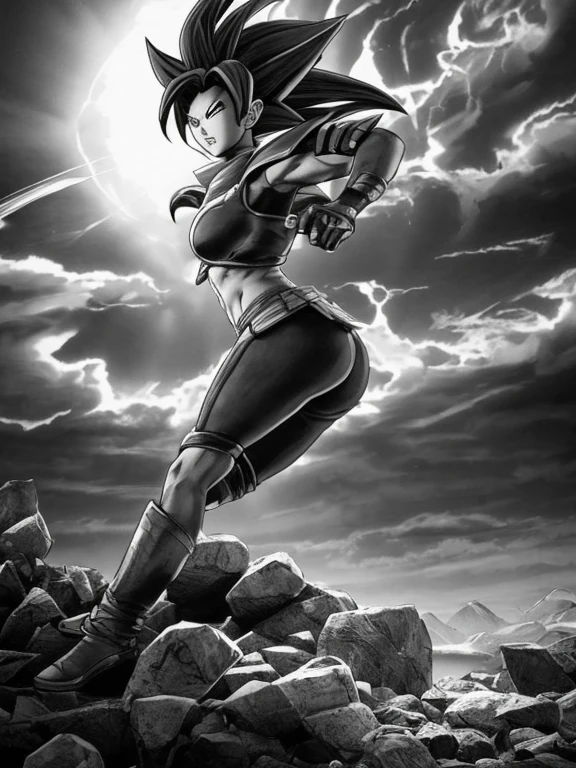 Charcoal Pencil Drawing, Realistic Drawing, Black and White Drawing, 4K, Best Quality, Super Saiyan Kefla releases a colossal energy wave that shatters the ground and creates a huge shockwave. He is on rocky terrain with a stormy sky in the background. The energy wave is a mix of pink and yellow tones with a spiral pattern. (dark:1.2), (epic:1.3), (chaotic composition:1.2), (metallic:1.1), (sandy texture:1.1), (comic:1.2), (((3D))), (( (realistic))), girl, big