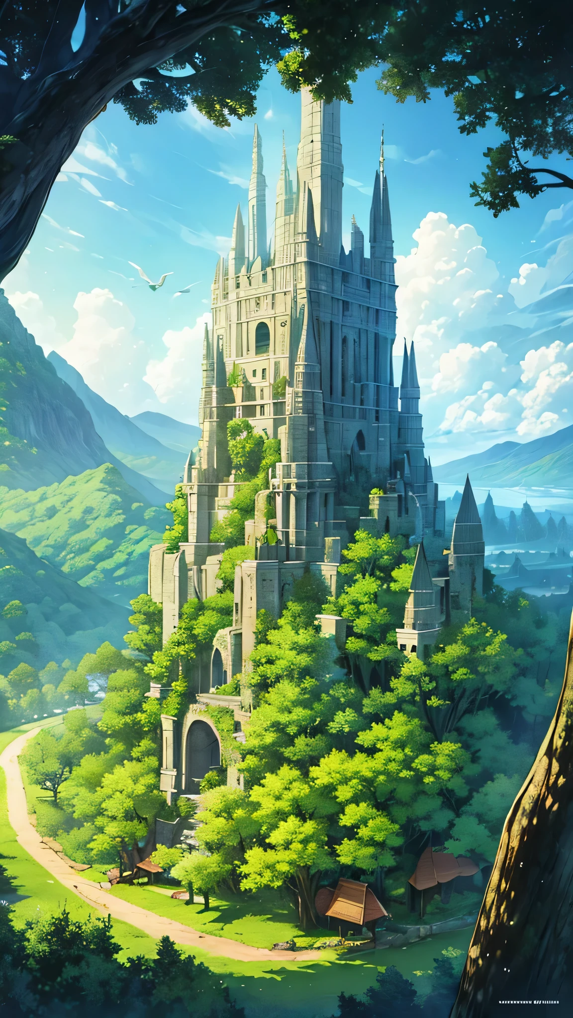 Ancient RPG fantasy forest landscape with towering, centuries-old trees, lush greenery, bird's eye view, mystical atmosphere, immersive detail, high resolution, aerial perspective 