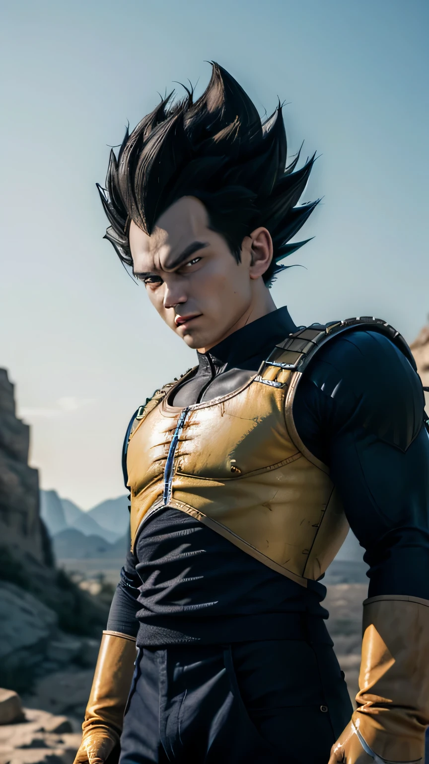 (masterpiece, best quality:1.2), cowboy shot, solo, male focus, 1boy, vegeta, serious, looking at viewer, black spiked hair, black eyes, armor, white gloves
