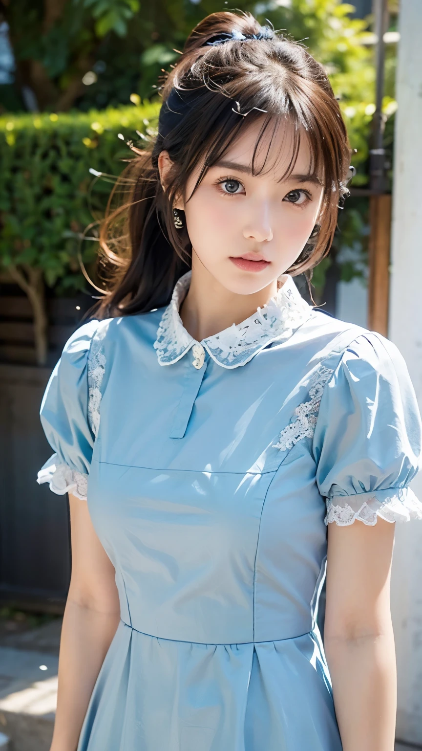1 girl, alone, japanese girl, cute girl, 18 years old, best quality, Super detailed, 8K, High resolution, Detailed face,Exquisite and comely face,whole body,Tall height,White skin, long black hair, tie a ponytail, (((collared dress, Aqua blue dress, plain dress, puff sleeves, short sleeves, Lace collar))), in front of the park