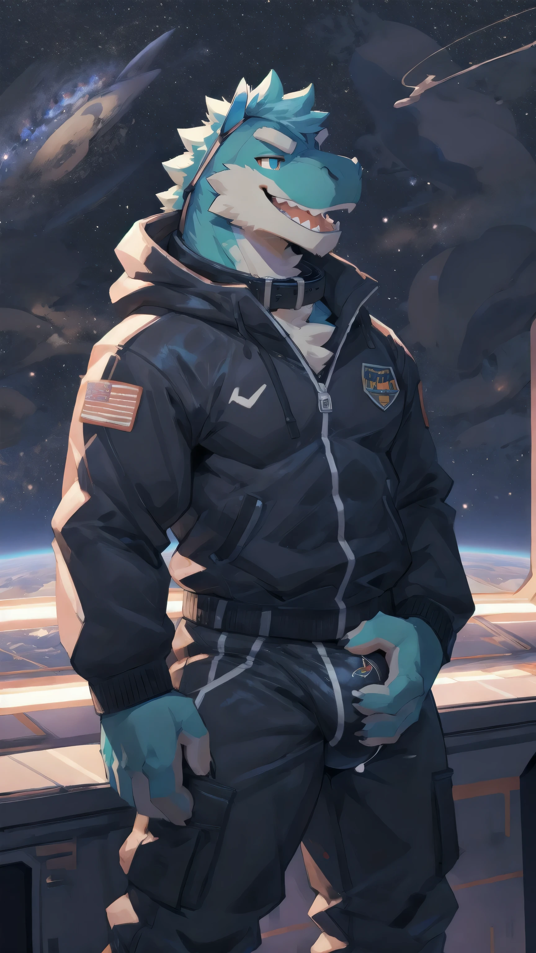 Solo, male, sitting , by bigcozyorca, by goonie-san, by bebebebebe, by spikedmauler, facing viewer, purple, turquoise fur, tyrannosaurus, bushy tail, buff, spacesuit, space observation deck background, open mouth, detailed mouth, closed mouth grin, drooling, smirking, eductive smile, lustful grin, bulge, bulging, hard bulge, adjusting hard bulge, adjusting bulge, adjusting crotch, cock with knot on it, cum, cumming, big dig cock, Wearing collar, callor on neck, unzipping pants to show off cock, penis, teasing cock