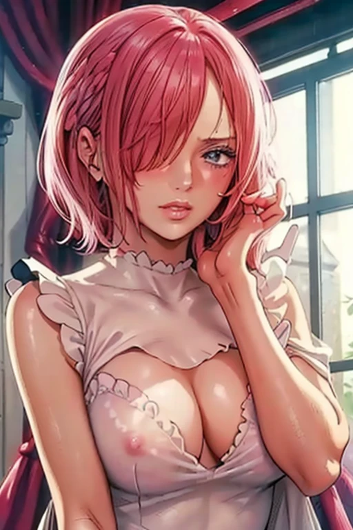(((masterpiece))), (((best quality))), ((ultra-detailed)), (highly detailed CG illustration), vinsmoke reiju, (nsfw:1.4), (masterpiece:1.5), Detailed Photo, Sexy, (Best Quality: 1.4), (1girl), Beautiful Face, (Pink Hair, short Hair: 1.3), Beautiful Hairstyle, beautiful detail eyes, (realistic skin), beautiful skin, absurd, attractive, ultra high resolution, high definition, (sexually aroused:1.5), Pinkish white skin, cool white light, sexy pose, Beautiful , white background, pink soft white light, Wear a white dress, (Hair covering right eye: 1.5), wife, incoming face, kissing camera