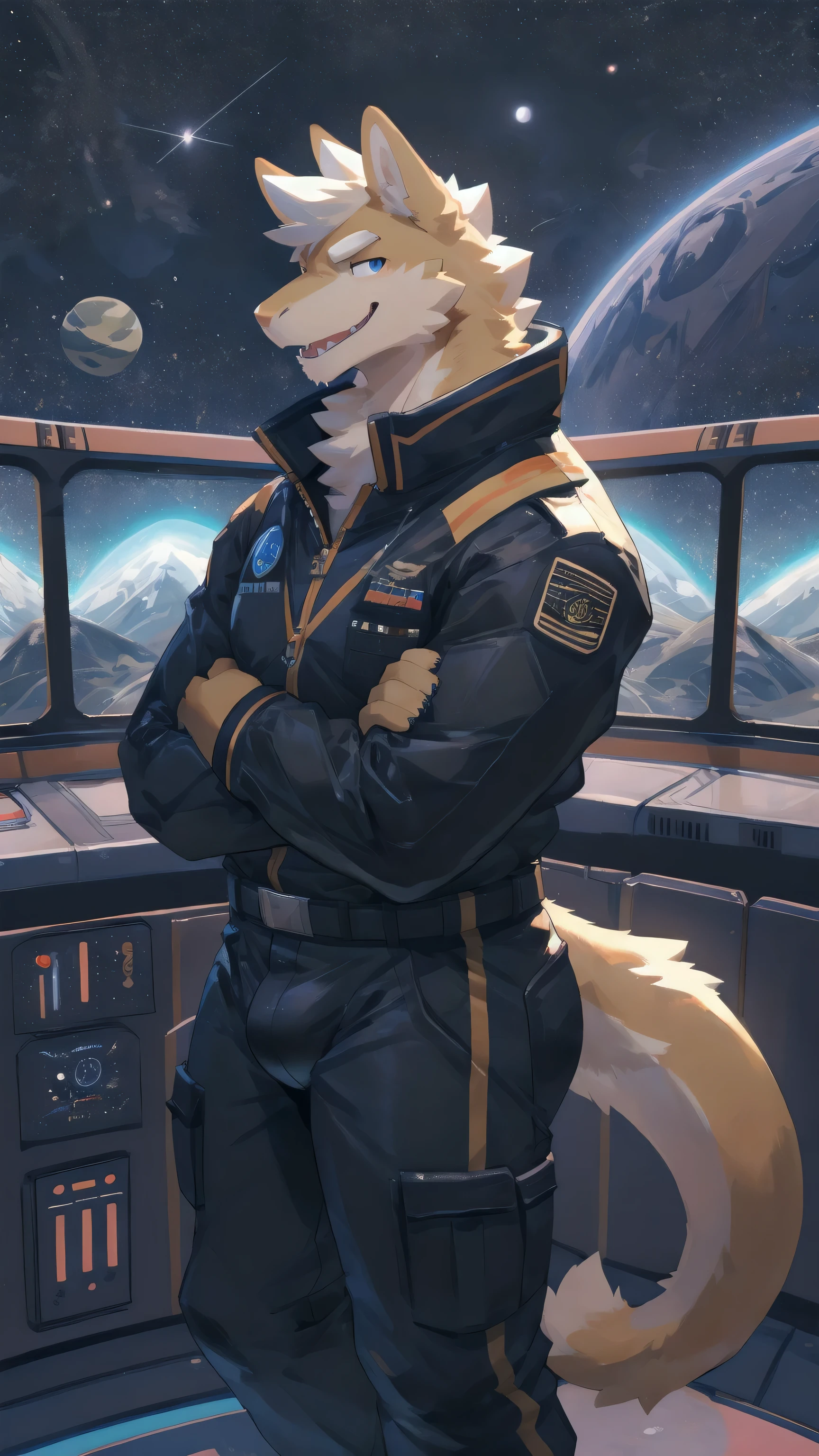 Solo, male, sitting crossed legged, by bigcozyorca, by goonie-san, by bebebebebe, by spikedmauler, facing viewer, silver, yellow fur, , tyrannosaurus, bushy tail, buff, spacesuit, space observation deck background, open mouth, detailed mouth, closed mouth grin, drooling, smirking, eductive smile, lustful grin, bulge, bulging, hard bulge, adjusting hard bulge, adjusting bulge, adjusting crotch, cock with knot on it, cum, cumming, big dig cock, Wearing collar,  callor on neck, unzipping pants to show off cock, penis, teasing cock