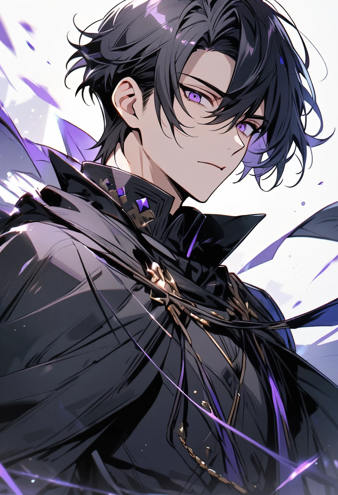 Handsome, solo, 1 male, short hair, black hair, purple eyes, black shirt, black cloak