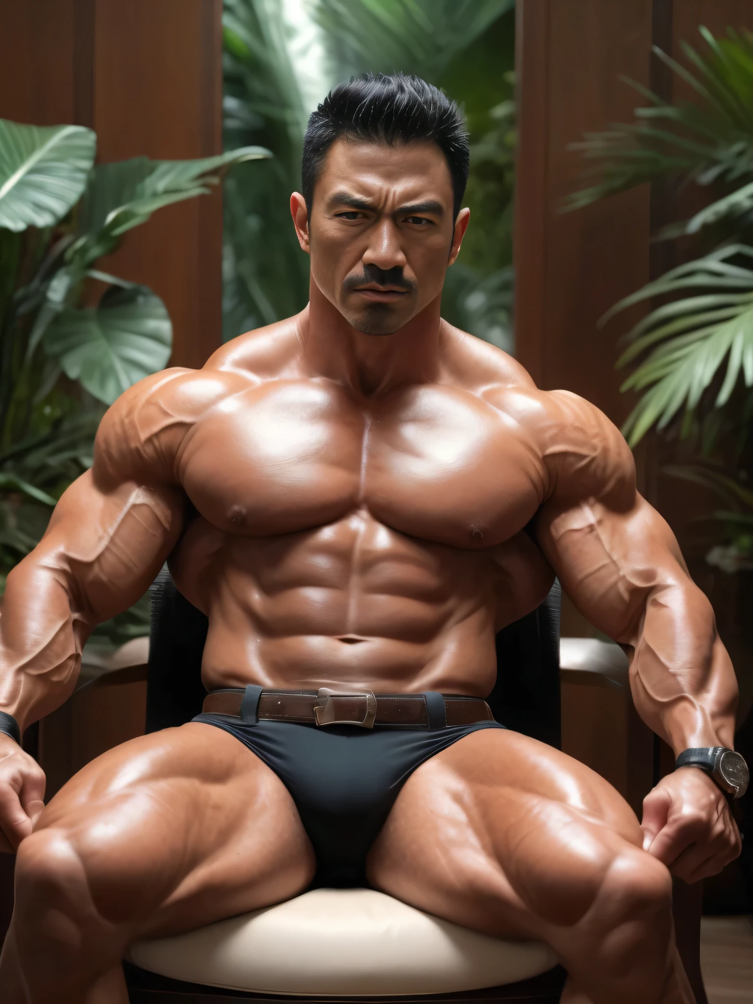 arafed man sitting in a chair with a big muscular body, large muscles, massive muscles, exaggerated muscle physique, bodybuilder, extreme muscles, bulging muscles, huge muscles, bodybuilder body, big muscles, bodybuilder posing, very strong and muscular man, muscular character, flexing large muscles, exaggerated physique, strong and muscular