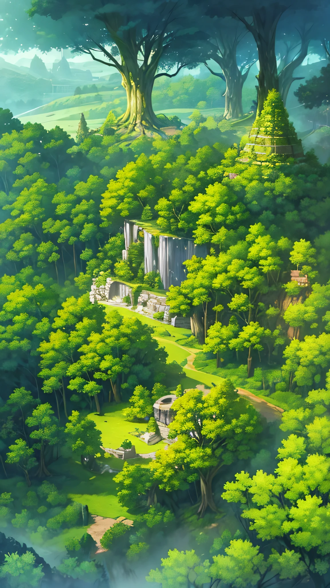 Ancient RPG fantasy forest landscape with towering, centuries-old trees, lush greenery, bird's eye view, mystical atmosphere, immersive detail, high resolution, aerial perspective 
