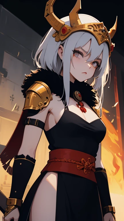 girl in samurai armor with fur around the neck and waist, oni helmet, adornos de detalles polvorientos, cansada de la batalla, guerrera, Armadura, cicatrices