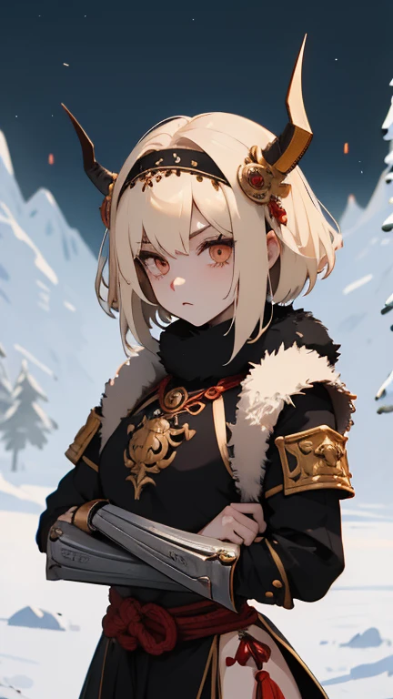 girl in samurai armor with fur around the neck and waist, oni helmet, adornos de detalles polvorientos, cansada de la batalla, guerrera, Armadura, cicatrices