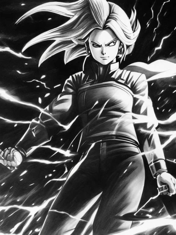 Charcoal pencil drawing, realistic drawing, black and white drawing, 4K, Best quality, "Android 18 unleashes its immense power, Produce incredible, Destructive energy blast."