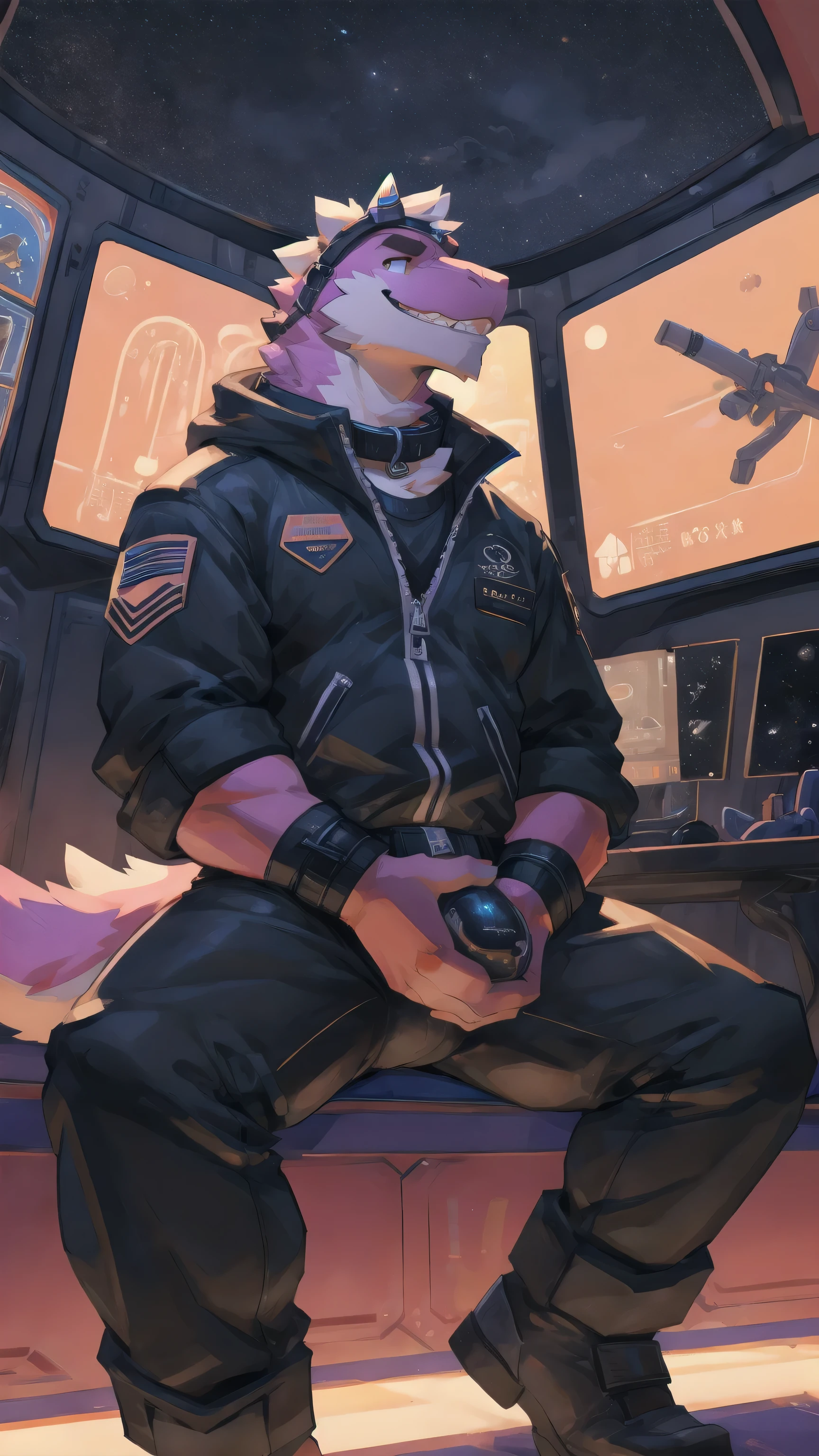 Solo, male, sitting , by bigcozyorca, by goonie-san, by bebebebebe, by spikedmauler, facing viewer, purple, pink fur, tyrannosaurus, bushy tail, buff, spacesuit, space observation deck background, open mouth, detailed mouth, closed mouth grin, drooling, smirking, eductive smile, lustful grin, bulge, bulging, hard bulge, adjusting hard bulge, adjusting bulge, adjusting crotch, cock with knot on it, cum, cumming, big dig cock, Wearing collar, callor on neck, unzipping pants to show off cock, penis, teasing cock