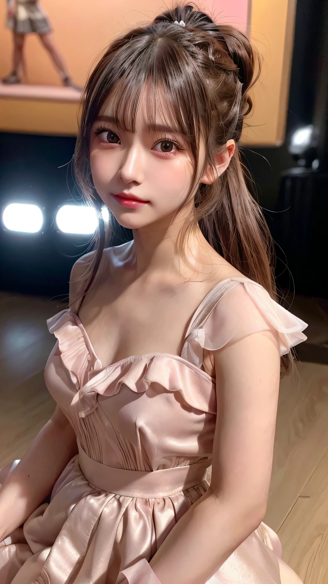 close up of face,blush,face forward,close up of face,small breasts,14 years old,long hair ponytail,concert,on stage,((8K, Raw photo, best quality, muste piece:1.2), (Reality, photorealistic:1.4), (Highly detailed 8K wallpaper), Depth of the bounds written, cinematic lighting, soft light, detailed beauty eye,Shiny and smooth light brown ponytail, asymmetrical bangs, shiny skin, super detailed skin ,high resolution, high detail, detailed hairstyle, detailed beauty face, hyper real, perfect limbs, perfect anatomy ,1 Japanese girl,famous japanese idol, perfect female body,shy smile,short eyelashes,double-edged eyelids,look straight here,Hair style is ponytail、She is wearing a skirt with lots of frills,pose is random,Pink frilly dress