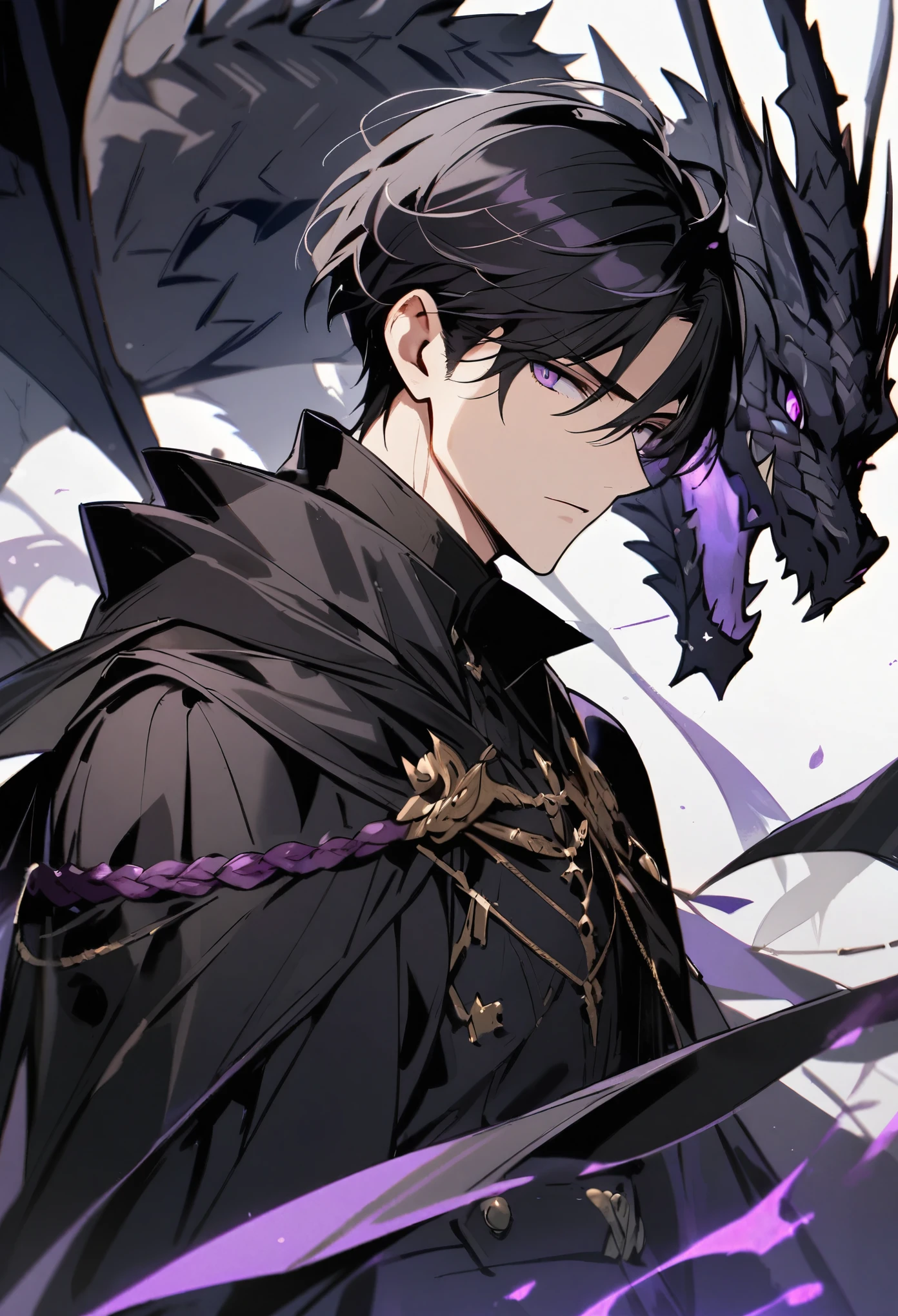 Handsome, solo, 1 male, short hair, black hair, purple eyes, black shirt, black cloak, black dragon