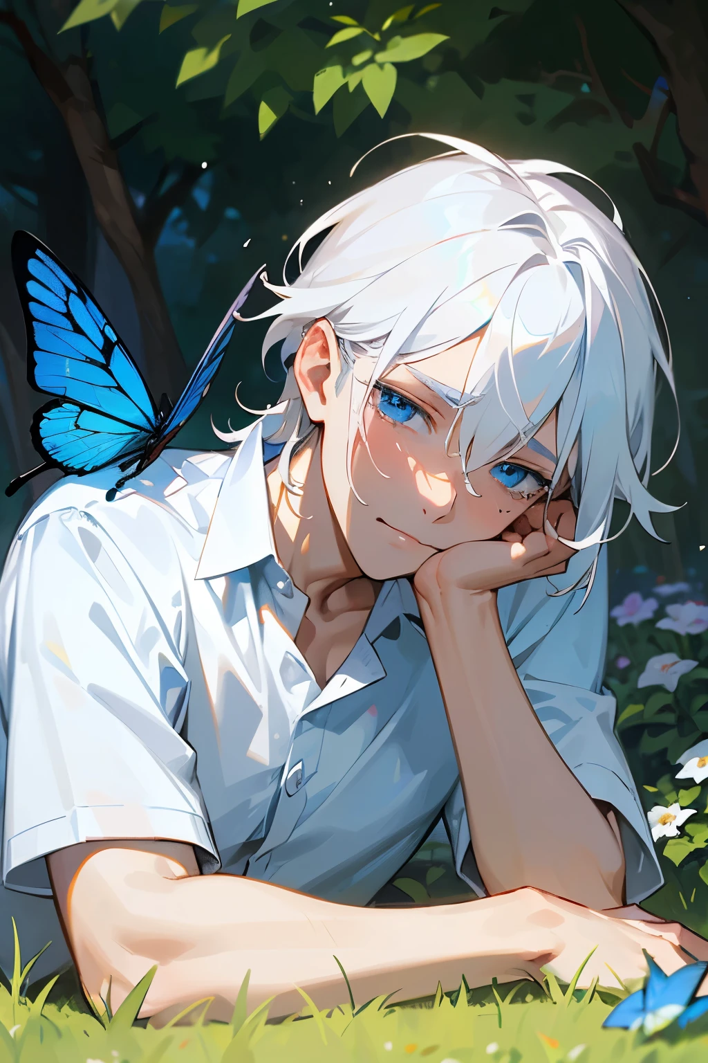 Excellent, masterpiece, white hair, blue eyes, hair, fair skin, man face with sharp angles in the garden park male bust shot lying on his side on the park grass with tears on his face a blue butterfly on his nose, clear despair in his eyes, white shirt, he is leaning onto his arm