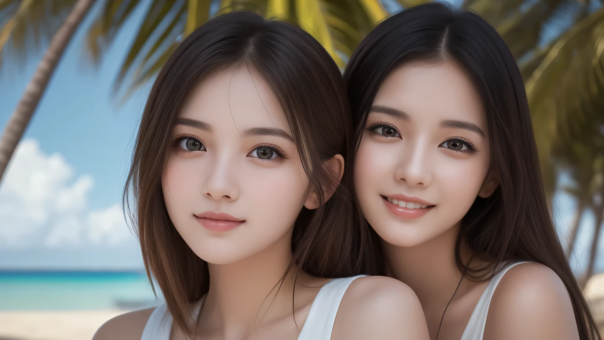 (3girl), Amazing face and eyes, delicate, (Best Quality:1.4), (Ultra-detailed), (extremely detailed beautiful face), cute smile, (extremely detailed CG unified 8k wallpaper), Highly detailed, High-definition raw color photos, Professional Photography, Realistic portrait, Extremely high resolution, beach, palm trees,
