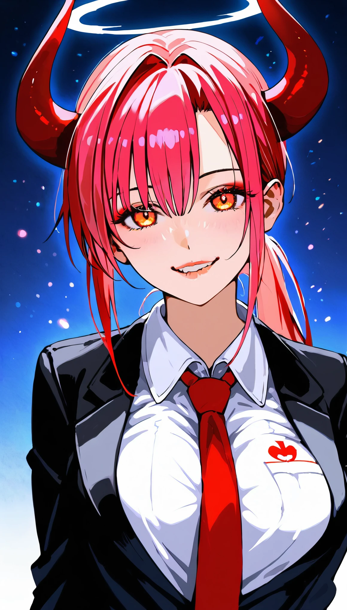 (kind_smile,biting own lip),(red lips:1.2),epic-Ultra-HD-details, epic-Ultra-HD-highlights, anime-upscaled-resolution,(realistic, photo-realistic:1.37), precise and realistic hair:1.1), beautiful detailed eyes, extremely detailed eyes and face, awardwinning, amazing details, super detail, best quality, 1080P, 8k, masterpiece（fullbody shot：3.0）, 1girl, asymmetrical bangs, Topless, (Exquisite business suit:1.5), glowing red hair,asymmetric bangs,(short bobcut),(back side long single ponytails),(long single ponytail wafts to the chest),necktie between breasts, midlle breasts, Glowing, eyes, (bone devil horns:1.5), eye shadow, Eyeliner, devil tail, Black Halo, tattoo on breasts, hair strand, (((detail bones)))