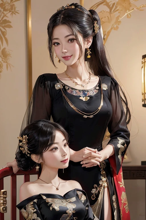 ((highest quality)), ((masterpiece)), (be familiar with), perfect face、Enchanted body

((Satomi Ishihara、best proportions、Satomi Ishihara、semi-long、China dress、hair ornaments、chinese hairstyle、earrings、Engagement Rings、necklace、bangle、黒China dress、luxury accessories、black China dress dress、vintage、gold embroidery、black clothes、Long slit、Satomi Ishihara)）２５With an old woman８old girl、Mother and daughter China、smile