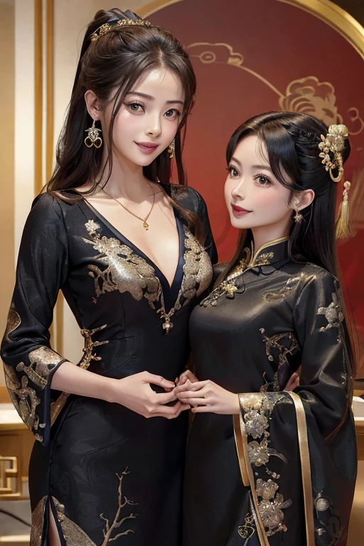 ((highest quality)), ((masterpiece)), (be familiar with), perfect face、Enchanted body

((Satomi Ishihara、best proportions、Satomi Ishihara、semi-long、China dress、hair ornaments、chinese hairstyle、earrings、Engagement Rings、necklace、bangle、黒China dress、luxury accessories、black China dress dress、vintage、gold embroidery、black clothes、Long slit、Satomi Ishihara)）２５With an old woman８old girl、Mother and daughter China、smile
