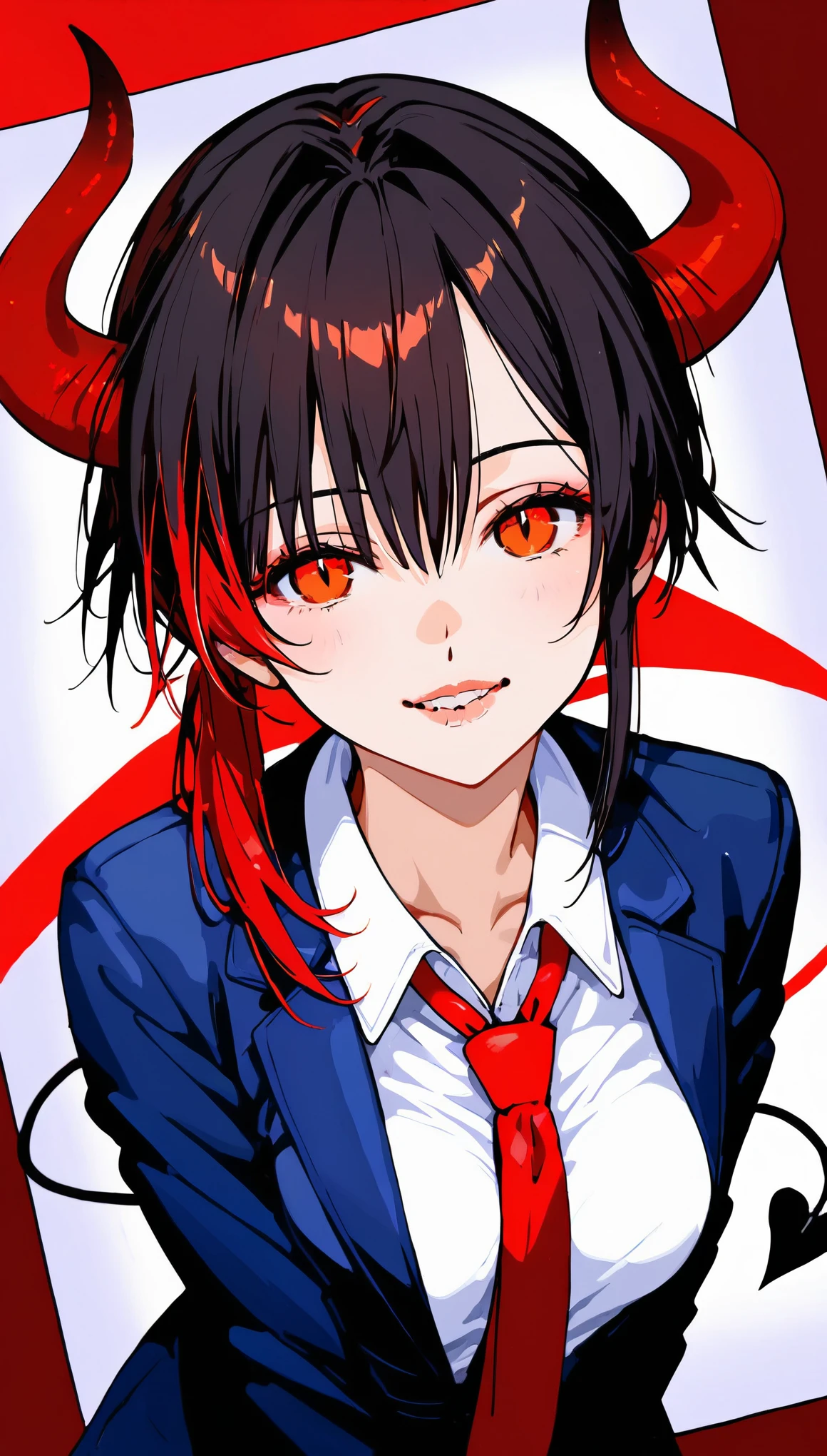 (kind_smile,biting own lip),(red lips:1.2),epic-Ultra-HD-details, epic-Ultra-HD-highlights, anime-upscaled-resolution,(realistic, photo-realistic:1.37), precise and realistic hair:1.1), beautiful detailed eyes, extremely detailed eyes and face, awardwinning, amazing details, super detail, best quality, 1080P, 8k, masterpiece（fullbody shot：3.0）, 1girl, asymmetrical bangs, Topless, (Exquisite business suit:1.5), glowing red hair,asymmetric bangs,(short bobcut),(back side long single ponytails),(long single ponytail wafts to the chest),necktie between breasts, midlle breasts, Glowing, eyes, (bone devil horns:1.5), eye shadow, Eyeliner, devil tail, Black Halo, tattoo on breasts, hair strand, (((detail bones)))