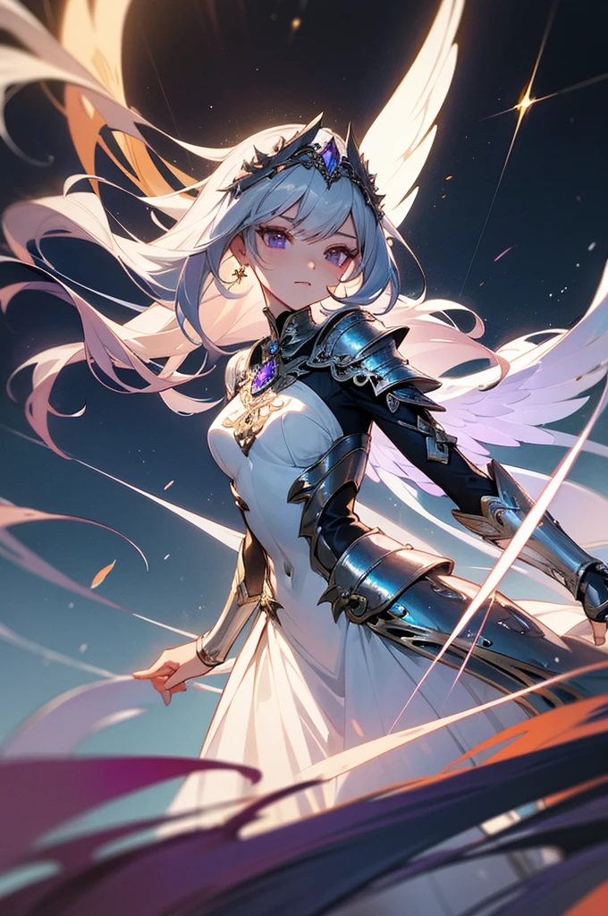 woman wearing silver costume, view viewer, purple wings, slim waist, long hair, super detailed details, Luxury Zhenyi Station, Storm scene, detailed fantasy art, amazing character art, Beautiful and exquisite character art, beautiful silver armor, very detailed, girl in shiny armor, exquisite tiaras and jewelry, crystal jewelry filigree, milky way, stunning visuals, (dynamic streak, trajectory of light:1.2), Bright colors,