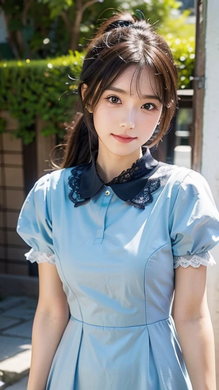 1 girl, alone, japanese girl, cute girl, 18 years old, best quality, Super detailed, 8K, High resolution, Detailed face,Exquisite and comely face,charming smile,whole body,Tall height,White skin, long black hair, tie a ponytail, (((collared dress, Aqua blue dress, plain dress, puff sleeves, short sleeves, Lace collar))), in front of the park,Photographic works