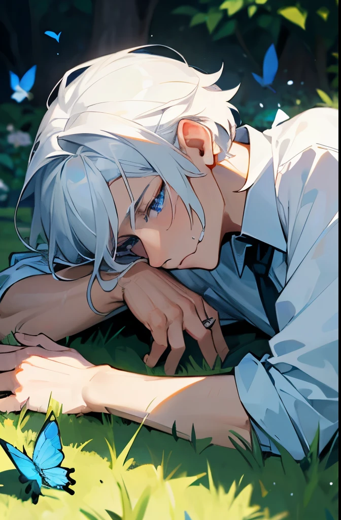 Excellent, masterpiece, white hair, blue eyes, hair, fair skin, man face with sharp angles in the garden park male bust shot lying on his side on the park grass with tears on his face a blue butterfly on his nose, clear despair in his eyes, white shirt, he is leaning onto his arm