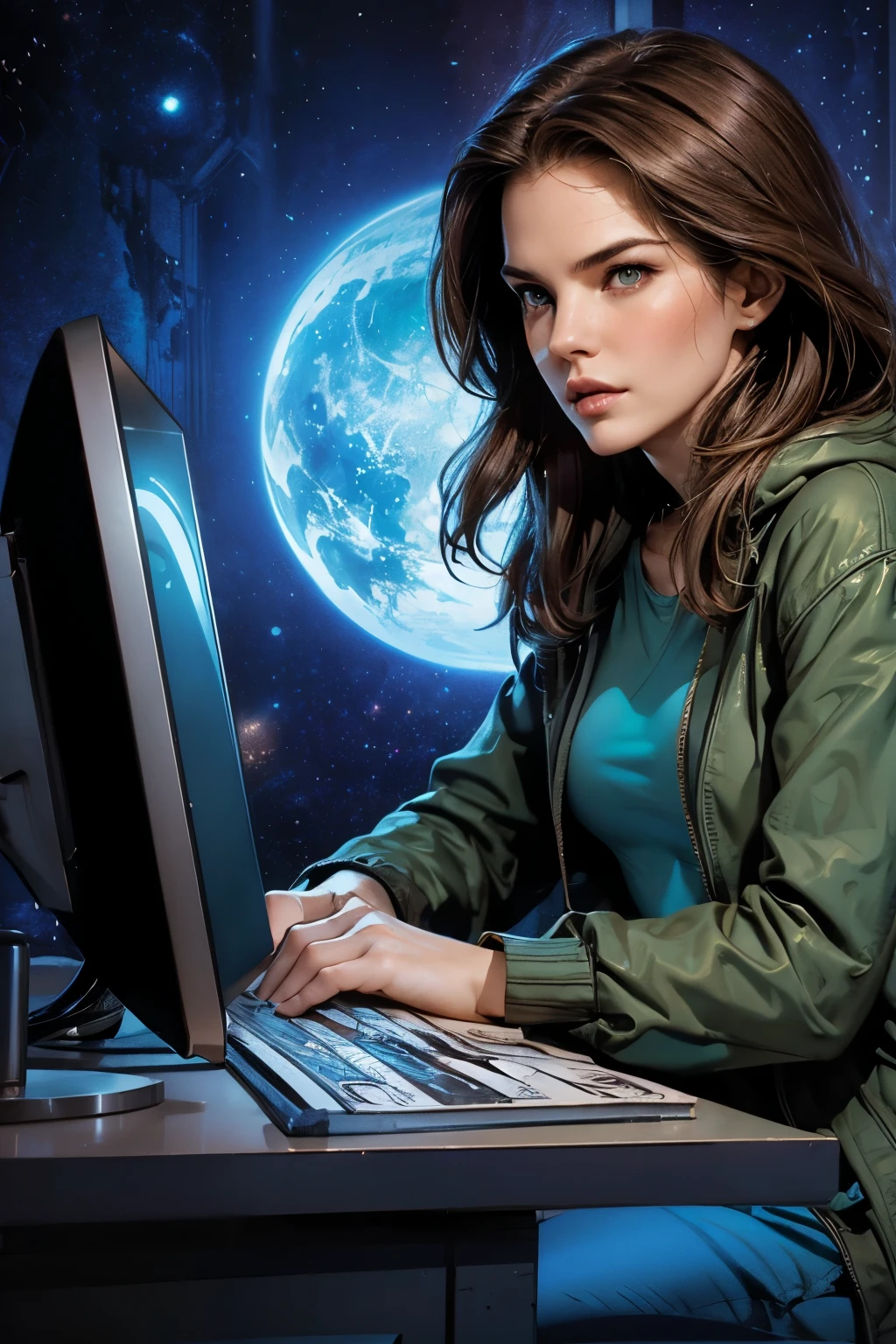 Charlie Bowater realistic Lithography sketch portrait style of Jadzia Dax Starfleet woman brown wavy hair, Very gorgeous elven woman, [Jadzia Dax|Terry Farrell] DS9 girl dates alien guy ((Futuristic restaurant bar dating scene)), (Attempting to seduce a foreign businessman at a bar), (Wearing the teal DS9ST uniform), (Dating Romance Scene), old paper texture, very detailed, luminescent, atmospheric scene, masterpiece, (big breasts), Skin pore, (big boobs), 1 girl, ((Terry Farrell in a futuristic alien nightclub having diner date with alien men)), big breasts, big , fascinating, realistic, blurry, long hair, lips, jewelry, Upper body, looking to the side, outdoor, focus only, Depth of the bounds written, (Charlie Bowater realistic Lithography sketch portrait style), (very detailed肌: 1.2), 4kUHD, Digital single-lens reflex camera, soft lighting, high quality, film grain, Fujifilm XT3, perfect photo, very detailed, precise beauty, Complex, 8K, clear image,
