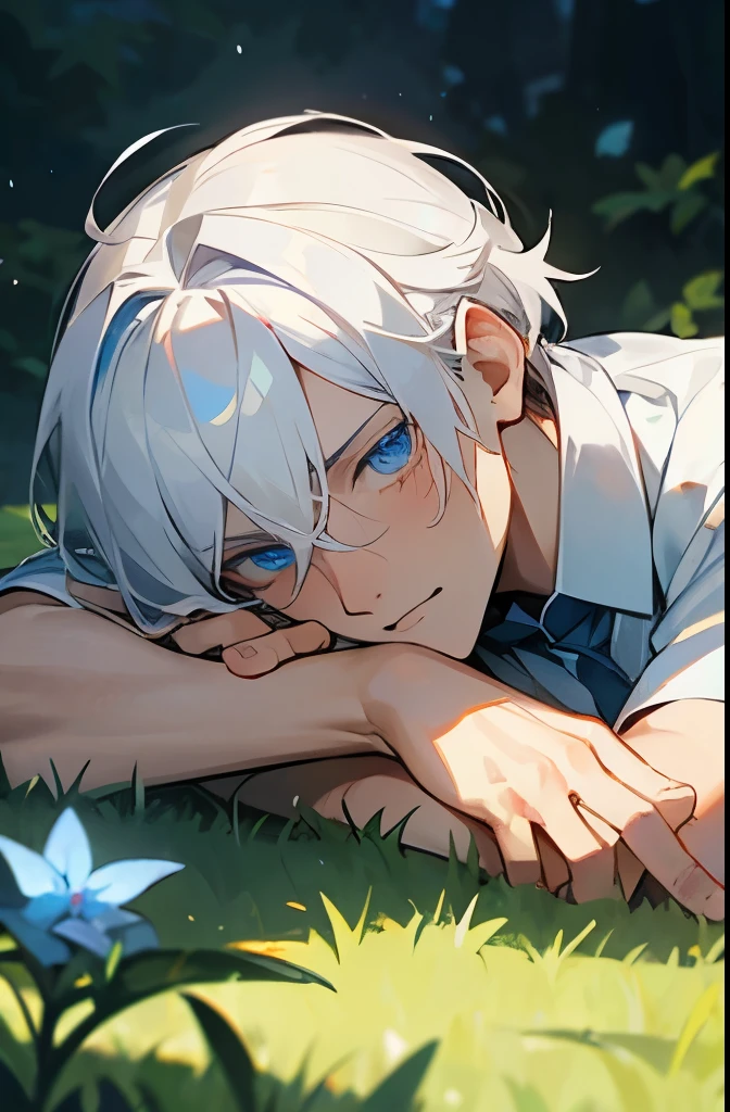 Excellent, masterpiece, white hair, blue eyes, hair, fair skin, man face with sharp angles in the garden park male bust shot lying on his side on the park grass with tears on his face a blue butterfly on his nose, clear despair in his eyes, white shirt, he is leaning onto his arm
