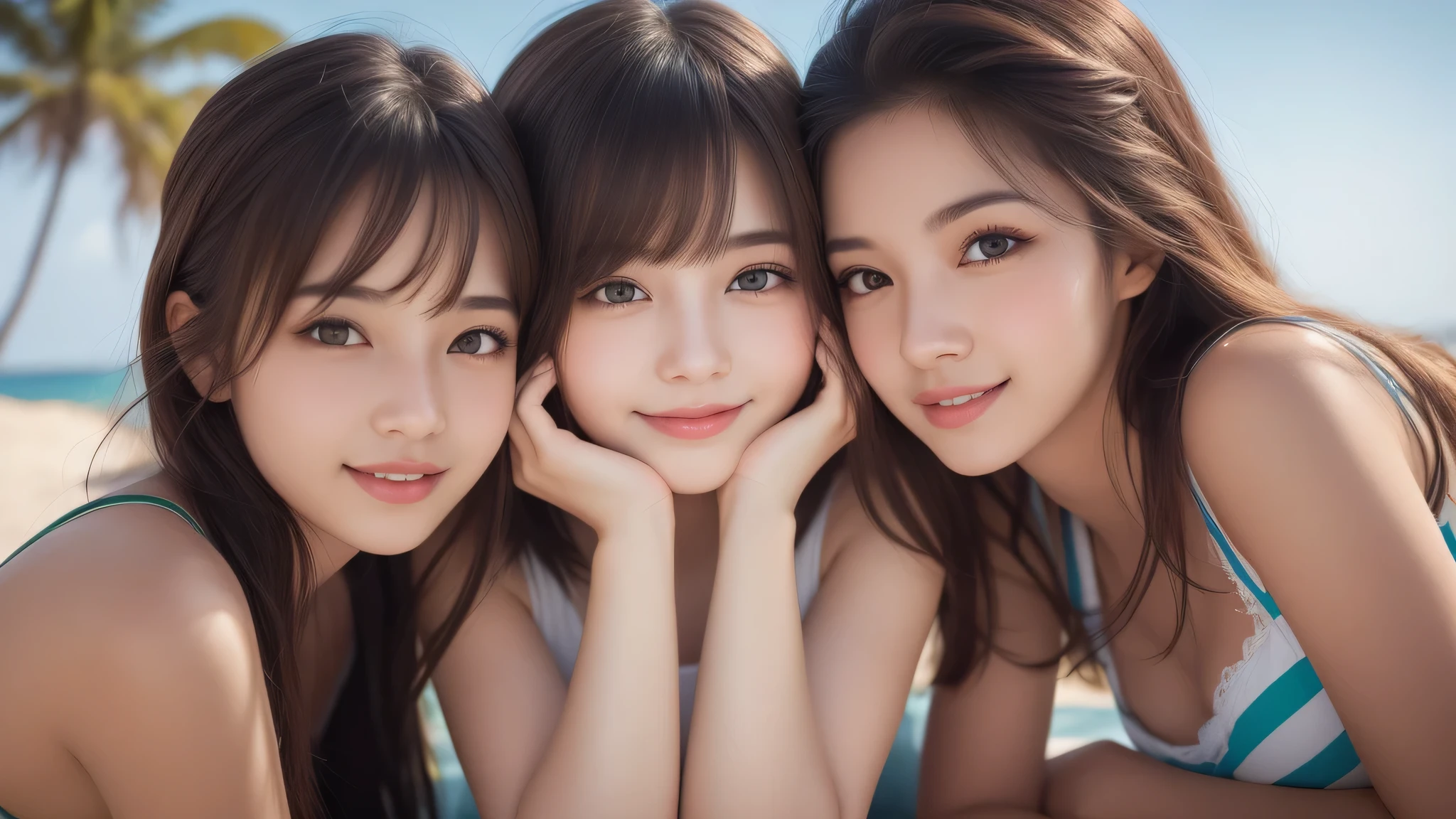 5girl, (big smile), beautiful face, Amazing face and eyes, delicate, (Best Quality:1.4), (Ultra-detailed), (extremely detailed beautiful face), (princess hair cut style), cute smile, brown eyes, (highly detailed Beautiful face), (white bikini:1.2), (extremely detailed CG unified 8k wallpaper), Highly detailed, High-definition raw color photos, Professional Photography, Realistic portrait, evening, Extremely high resolution, smiling, modern, trendy, fashionable, Group photo of high school girls, face close-up, (beach)