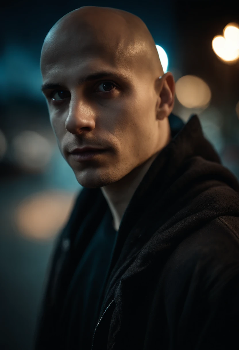 Portrait of a very ugly, scary-looking bald young man wearing a black goth hoodie at night. He has very strong black circles around his eyes, dilated pupils and very light iris. The man has cracked skin on his face and no facial hair.