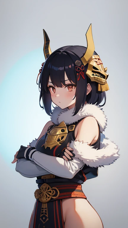girl in samurai armor with fur around the neck and waist, oni helmet, adornos de detalles polvorientos, cansada de la batalla, guerrera, Armadura, cicatrices