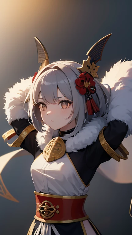 girl in samurai armor with fur around the neck and waist, oni helmet, adornos de detalles polvorientos, cansada de la batalla, guerrera, Armadura, cicatrices