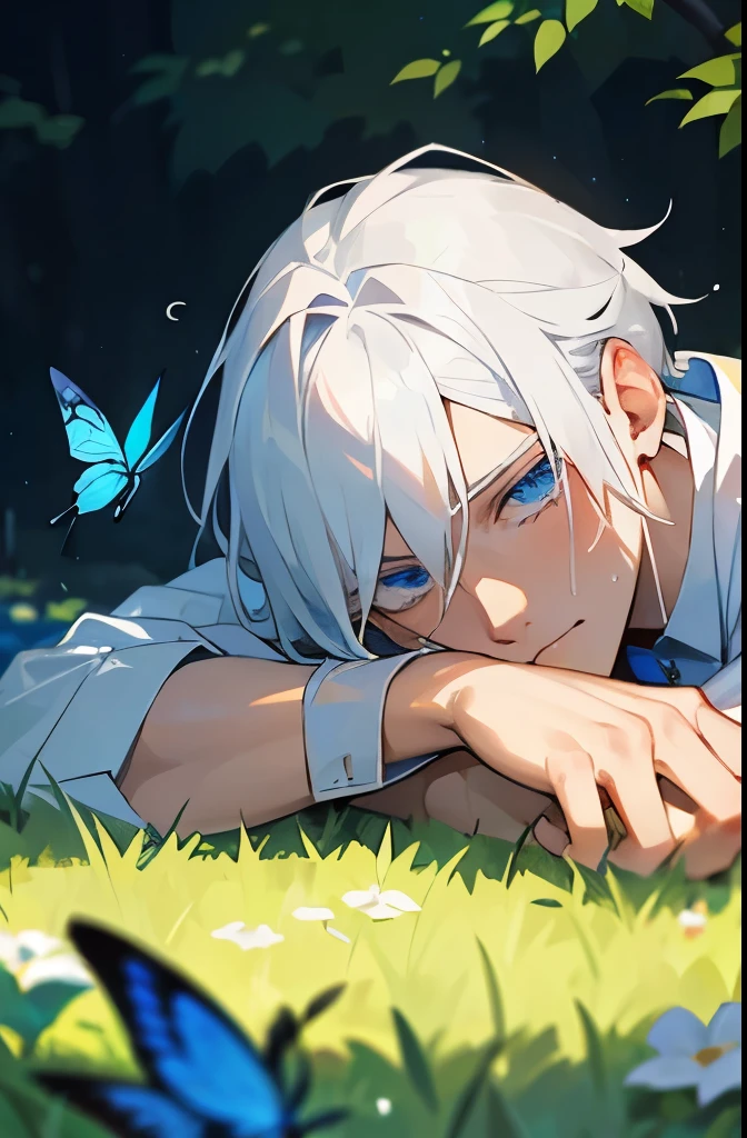 Excellent, masterpiece, white hair, blue eyes, hair, fair skin, man face with sharp angles in the garden park male bust shot lying on his side on the park grass with tears on his face a blue butterfly on his nose, clear despair in his eyes, white shirt, he is leaning onto his arm