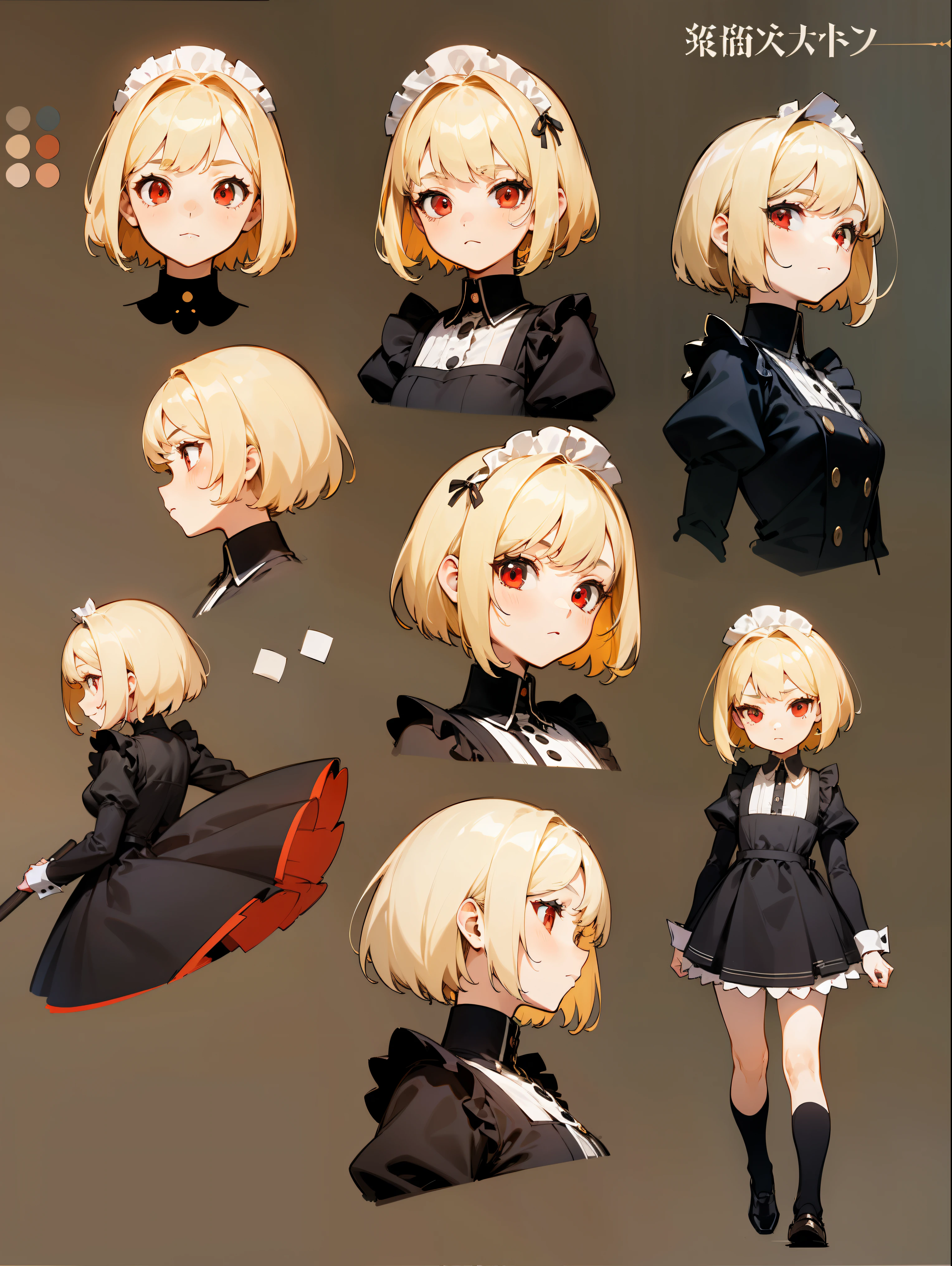 1girl, blonde hair, ,  appearance, short hair, red eyes, maid dress, floating in the middle, character concept sheets,  full body, multiple expressions