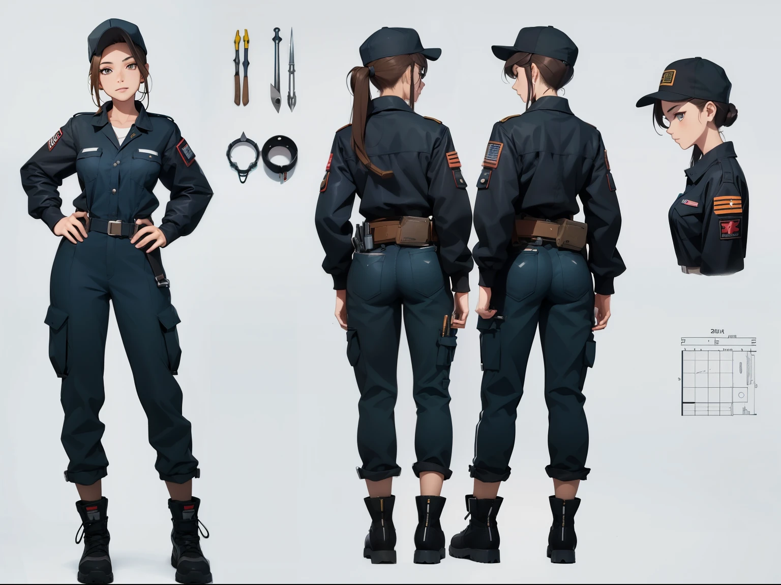 woman, 20 years old, mechanic, uniform, one color uniform, colored details, hat, (((tool belt))), tools, various angles, (front, back, side), character sheet, model sheet, reference sheet.