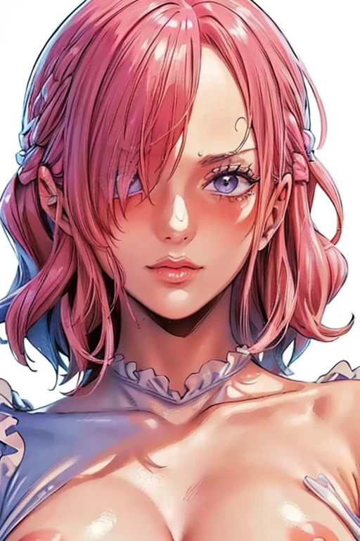 (((masterpiece))), (((best quality))), ((ultra-detailed)), (highly detailed CG illustration), vinsmoke reiju, (nsfw:1.4), (masterpiece:1.5), Detailed Photo, Sexy, (Best Quality: 1.4), (1girl), Beautiful Face, (Pink Hair, short Hair: 1.3), Beautiful Hairstyle, beautiful detail eyes, (realistic skin), beautiful skin, absurd, attractive, ultra high resolution, high definition, (sexually aroused:1.5), Pinkish white skin, cool white light, sexy pose, Beautiful , white background, pink soft white light, Wear a white dress, (Hair covering right eye: 1.5), wife, incoming face, kissing camera