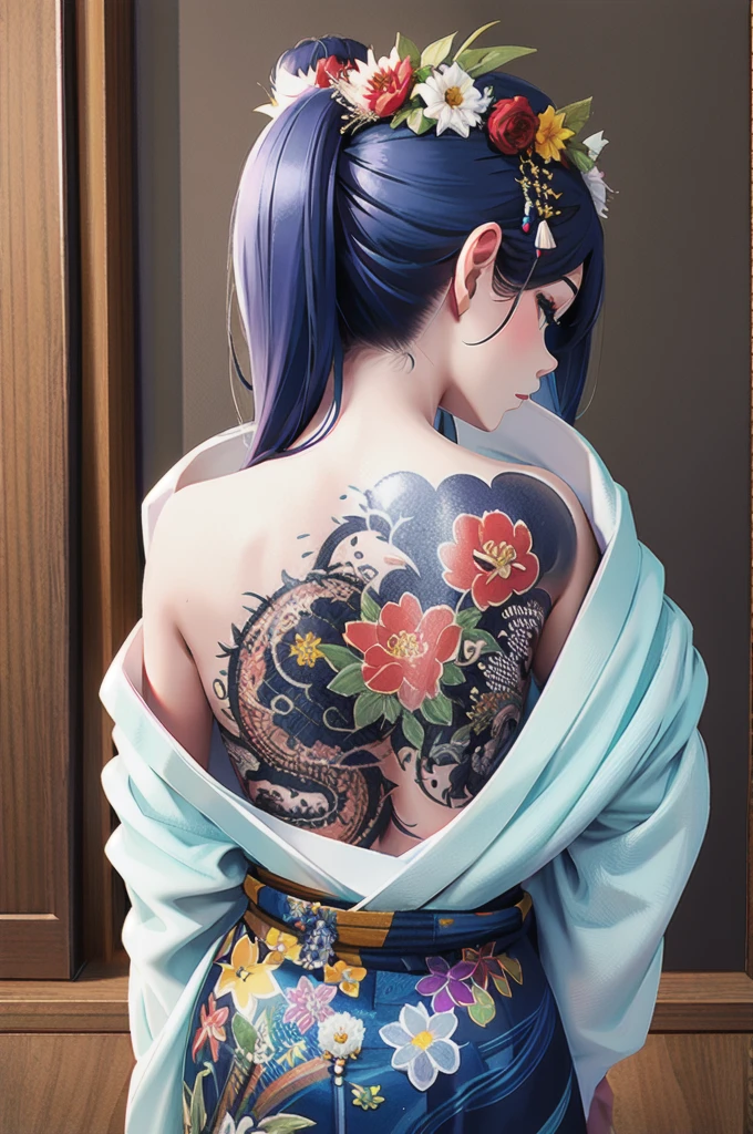 (Masterpiece, Highest quality, best quality, official art, beautiful and beautiful:1.2),1 girl, tattoo, alone, Japanese clothes,  hair accessories, unsheathing, black hair, sheath, back tattoo, blue eyes,  off shoulder, bare shoulders, Looking back, from behind, flower, look at viewer,  Holding, put on makeup, 
indoor,
