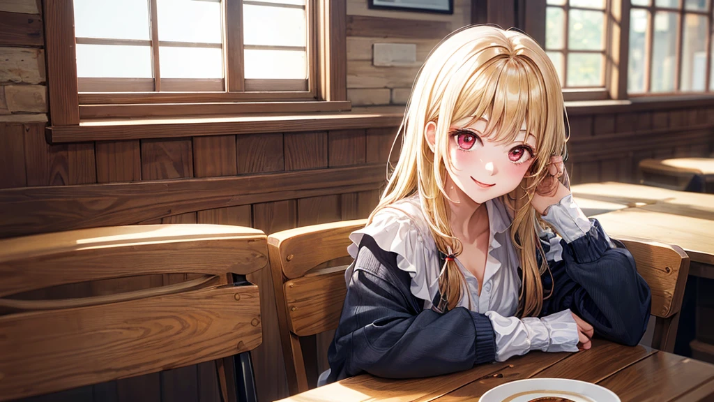 (original photo, best quality), 1 girl with blonde hair and red eyes,  Kitagawa Umimu, natural lighting, Upper body, cafes, Smile,
Satosh Khan Art Style