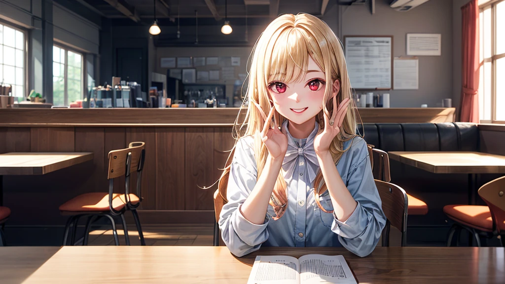 (original photo, best quality), 1 girl with blonde hair and red eyes, Kitagawa Umimu, natural lighting, Upper body, cafes, Smile,
Satosh Khan Art Style