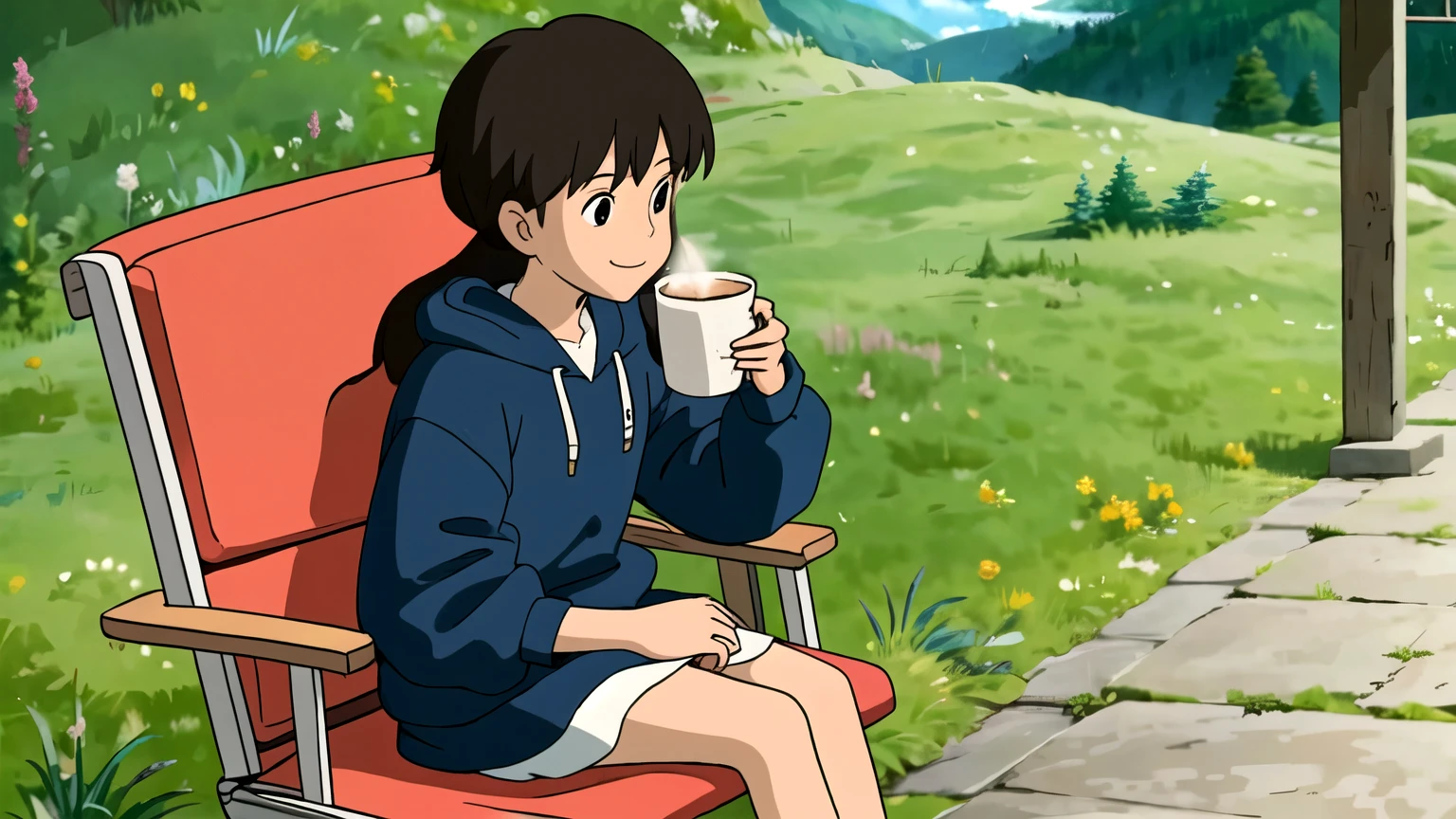 girl、relaxing、smile、long hair、sitting on a camping chair、coffee、nature、hoodie、Relaxing、Mountain、blue sky