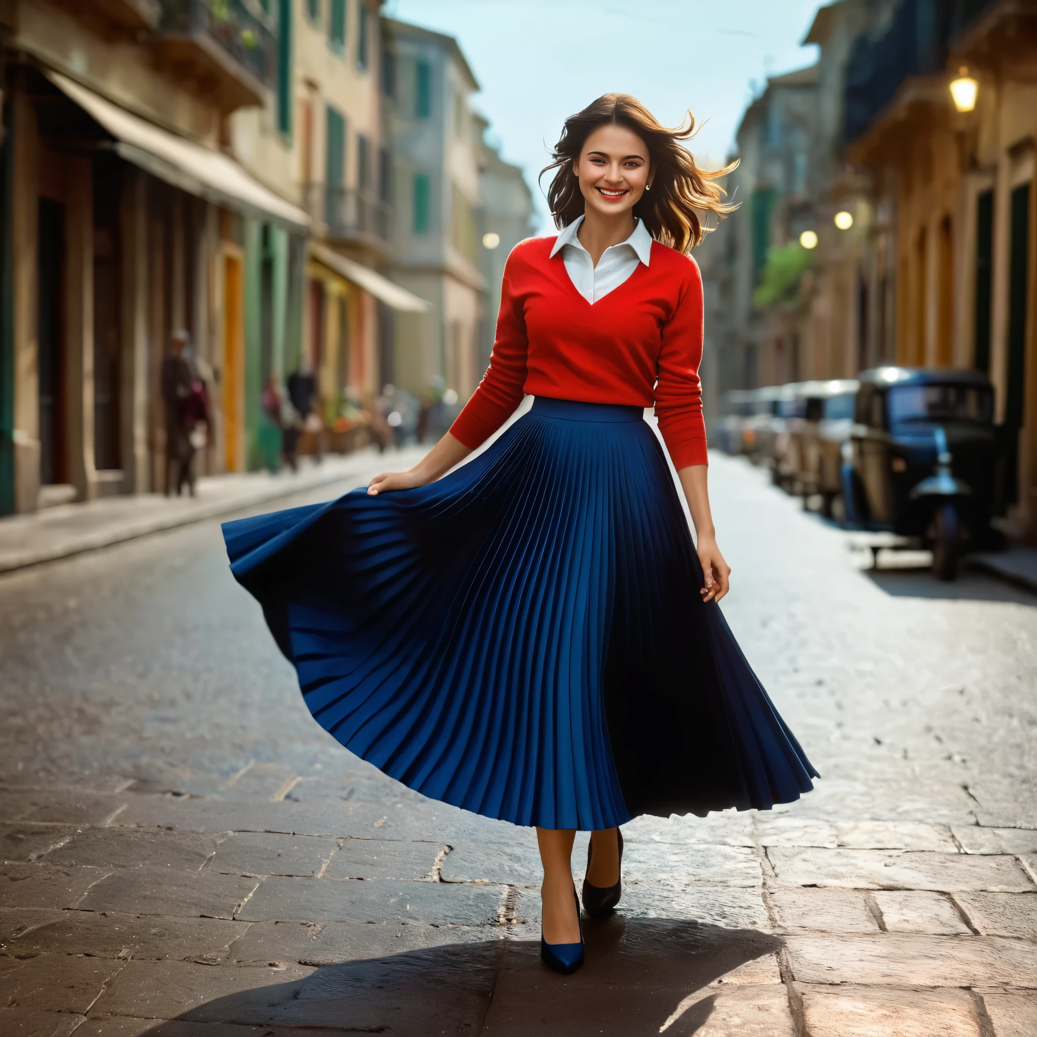 (authentic:1,1) (shy:0,9) (smiling:0,4) woman wearing (long (pleated) full circle skirt) and (low heeled office shoes), very intricate hyper-detailed symmetric (attractive graceful feminine face) with (sad, tired eyes and shy smile), large breasts, full of empathy and compassion and love, (pronounced (feminine) features), (highly detailed ultra accurate realistic) hands and fingers, (windy conditions and wind blowing), epic composition, highly detailed attributes, extremely high quality RAW photograph, true romantic love, high-angle shot, cinematic shot, dynamic lighting, 75mm, Technicolor, Panavision, cinemascope, sharp focus, fine details, 8k, HDR, realism, realistic, key visual, film still, superb cinematic color grading, depth of field